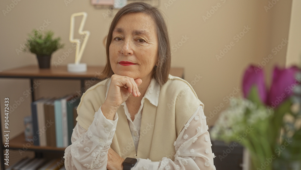 A contemplative mature woman with short hair posing indoors, exuding elegance and tranquility in a cozy living room. A contemplative mature woman with short hair posing indoors, exuding elegance and tranquility in a cozy living room.