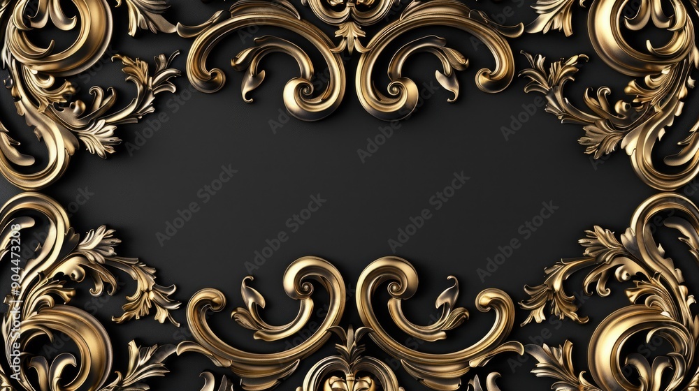 A decorative gold frame against a dark black backdrop, suitable for use in design and photography projects A decorative gold frame against a dark black backdrop, suitable for use in design and photography projects