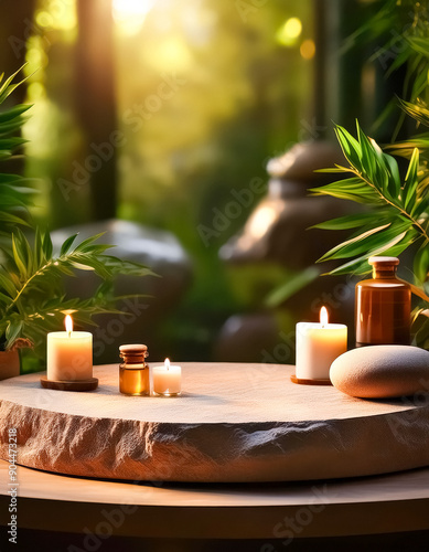 Spa Products on Stone Platter with Green Leaves in the Background