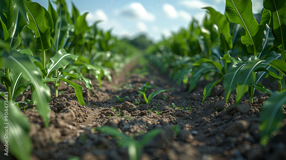 Close-up view of rows of vibrant green crops growing healthily in a well-tended agricultural field under a clear blue sky with soft, white clouds. Close-up view of rows of vibrant green crops growing healthily in a well-tended agricultural field under a clear blue sky with soft, white clouds.