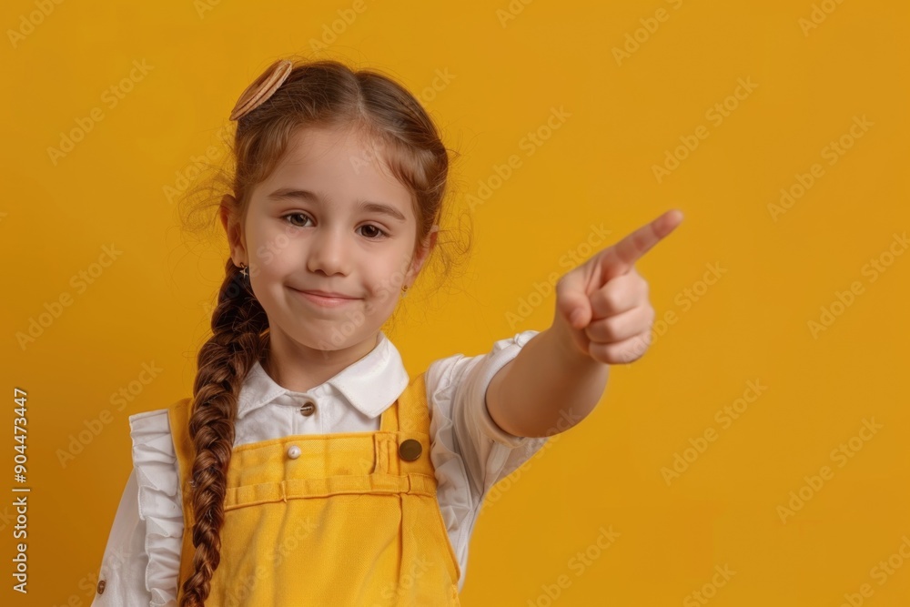 A young girl points her finger at an object or person, conveying curiosity and interest A young girl points her finger at an object or person, conveying curiosity and interest