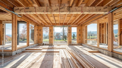  A house under construction features wooden frames on the ceiling and windows positioned along the sides of the structure © Olga