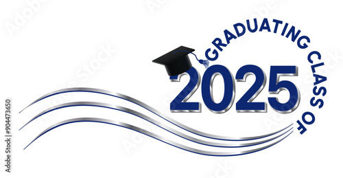White background - Graduating Class of 2025 in blue and silver text in circle. 2025 is in royal blue text. Graduation cap with blue tassel on top of the year. Wavy silver and blue lines accent.