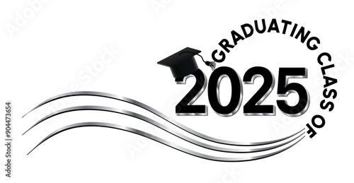 White background - Graduating Class of 2025 in black and silver text in circle. 2025 is in black and silver text. Graduation cap on top of the year. Wavy black and silver lines accent.
