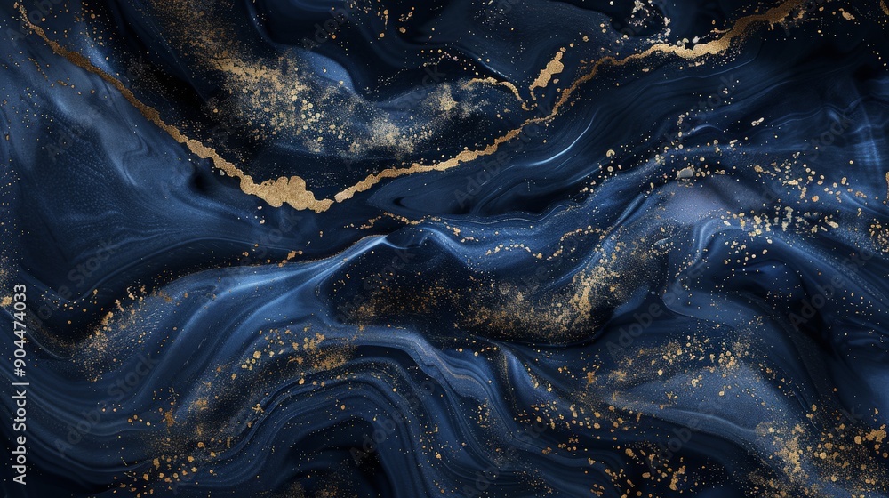 This image displays an abstract blue and gold marbled texture with sparkling golden highlights that give a sense of movement and depth like a flowing river. This image displays an abstract blue and gold marbled texture with sparkling golden highlights that give a sense of movement and depth like a flowing river.
