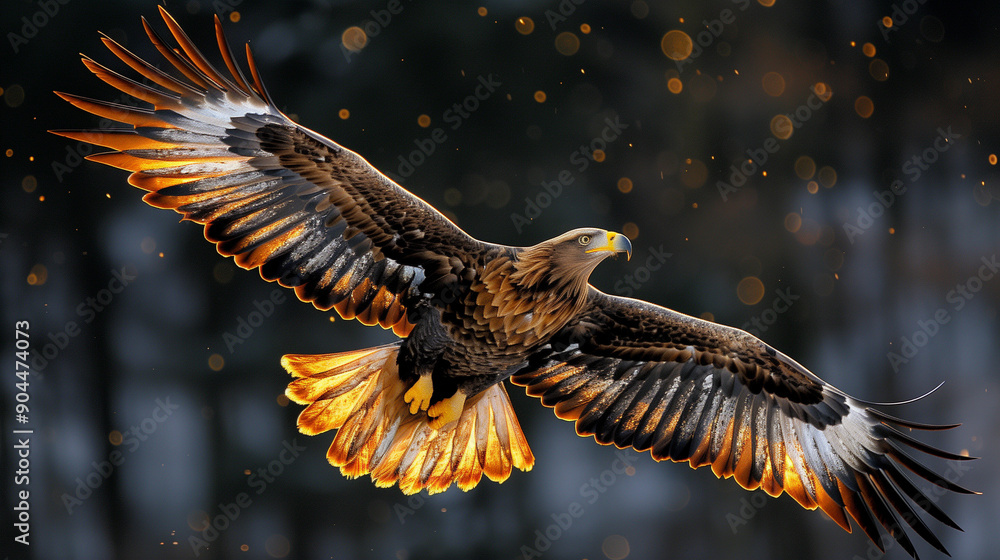 Obraz premium A majestic eagle soaring through the sky, its powerful wings illuminated by the warm, golden sunlight, creating a stunning and dynamic scene against a dark background.