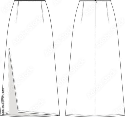 slitted darted zippered a line midi long maxi skirt template technical drawing flat sketch cad mockup fashion woman design style model
