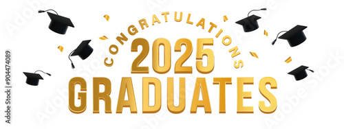 White Background - gold festive graduation announcement for the class of 2025 featuring Congratulations text, graduation caps, and confetti. Ideal for celebrating graduates, and invitations.