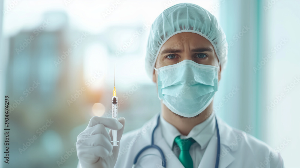 Doctor's Masked Face Closeup with Syringe in Hand - Healthcare Professional Ready for Medical Procedure Photo Doctor's Masked Face Closeup with Syringe in Hand - Healthcare Professional Ready for Medical Procedure Photo