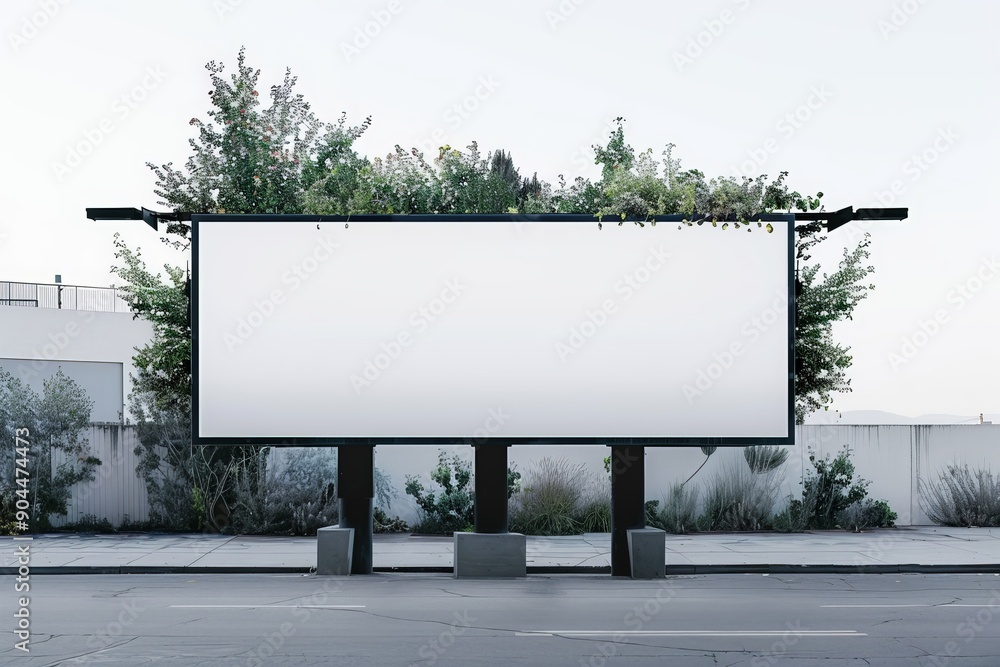 Obraz premium This image captures an overgrown blank billboard surrounded by lush greenery and plants, blending man-made structures with nature to create a harmonious and unique visual representation.