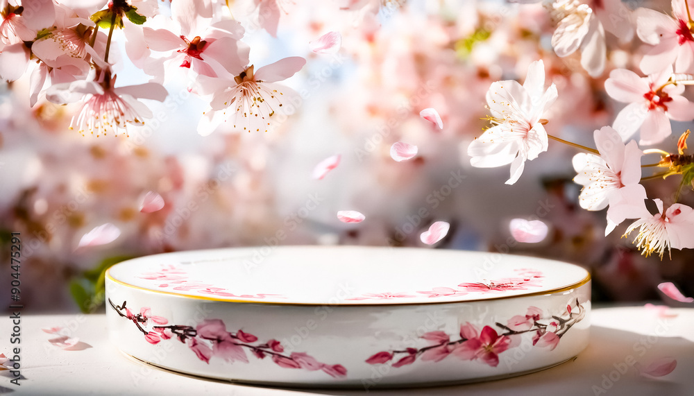 White Round Ceramic Pedestal With Pink Cherry Blossoms White Round Ceramic Pedestal With Pink Cherry Blossoms