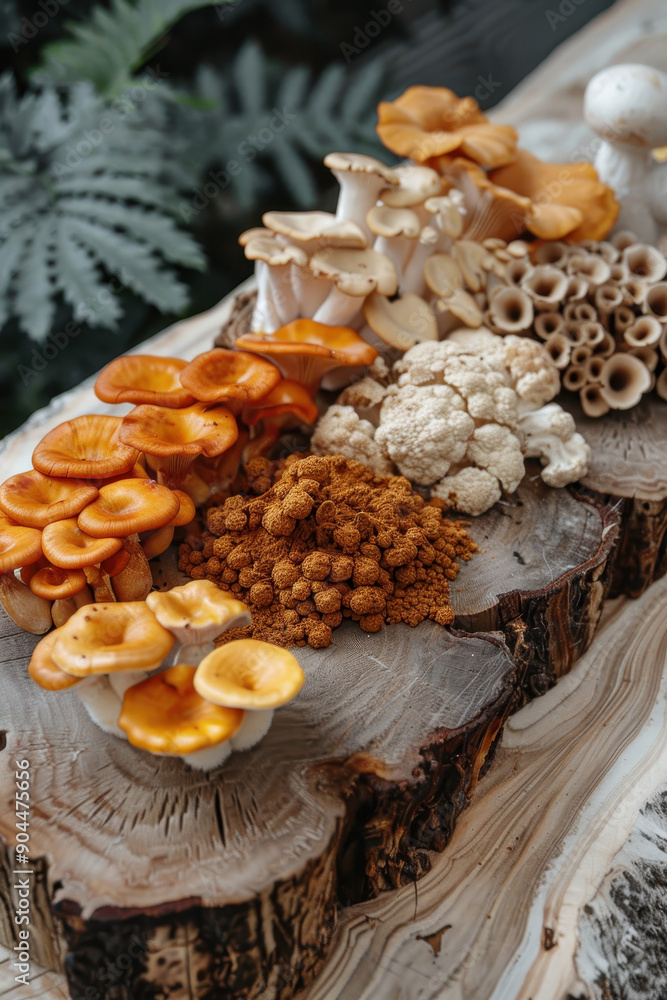A variety of mushrooms and spices are displayed in wooden bowls. The bowls are arranged in a row, with some mushrooms and spices in the foreground and others in the background A variety of mushrooms and spices are displayed in wooden bowls. The bowls are arranged in a row, with some mushrooms and spices in the foreground and others in the background