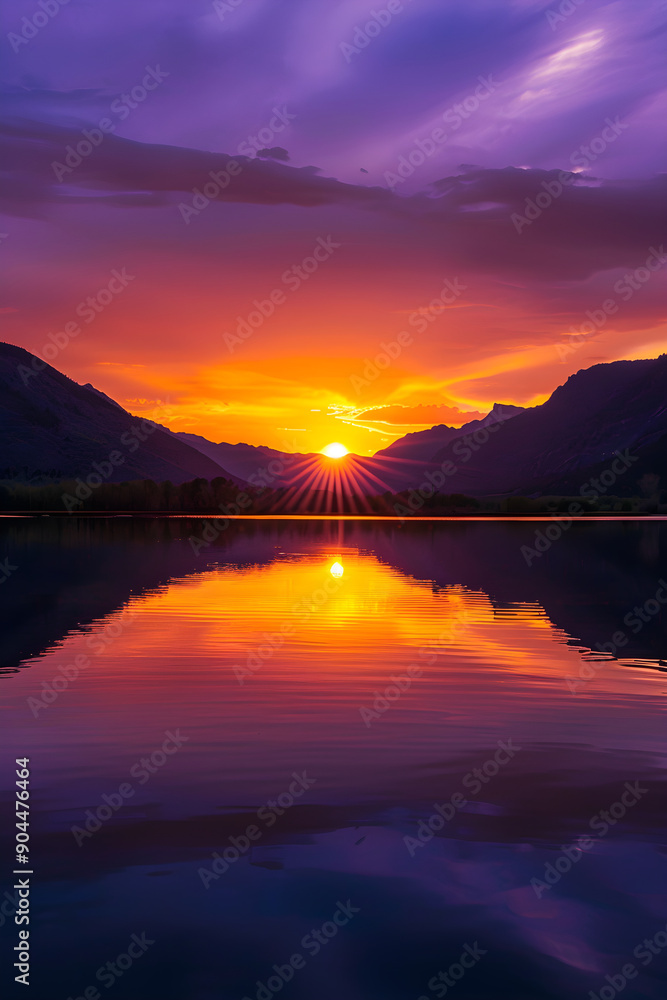 Ethereal Serenity: A Golden Sunset Over a Perfectly Reflective Lake, Framed by Majestic Mountains Ethereal Serenity: A Golden Sunset Over a Perfectly Reflective Lake, Framed by Majestic Mountains