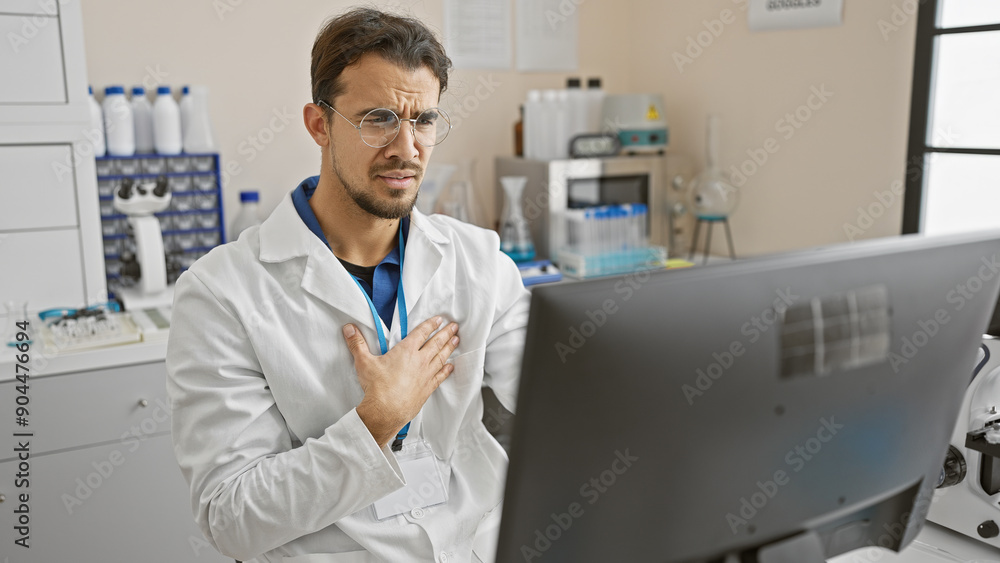 Hispanic scientist in lab coat experiencing discomfort while working with computer in laboratory Hispanic scientist in lab coat experiencing discomfort while working with computer in laboratory
