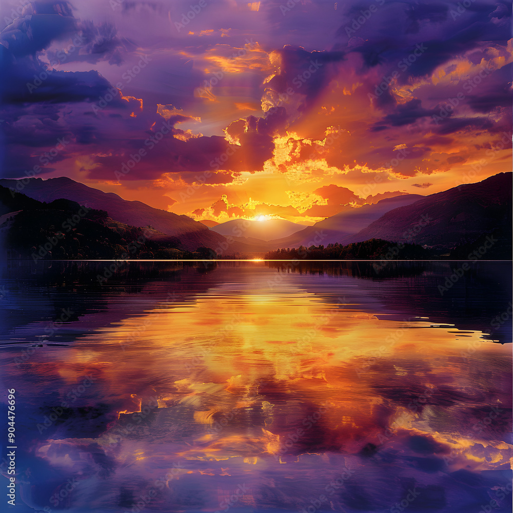 Ethereal Serenity: A Golden Sunset Over a Perfectly Reflective Lake, Framed by Majestic Mountains Ethereal Serenity: A Golden Sunset Over a Perfectly Reflective Lake, Framed by Majestic Mountains