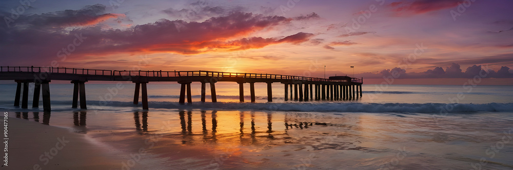 Obraz premium Dramatic Beach Sunset. Colorful Red and Purple Skies