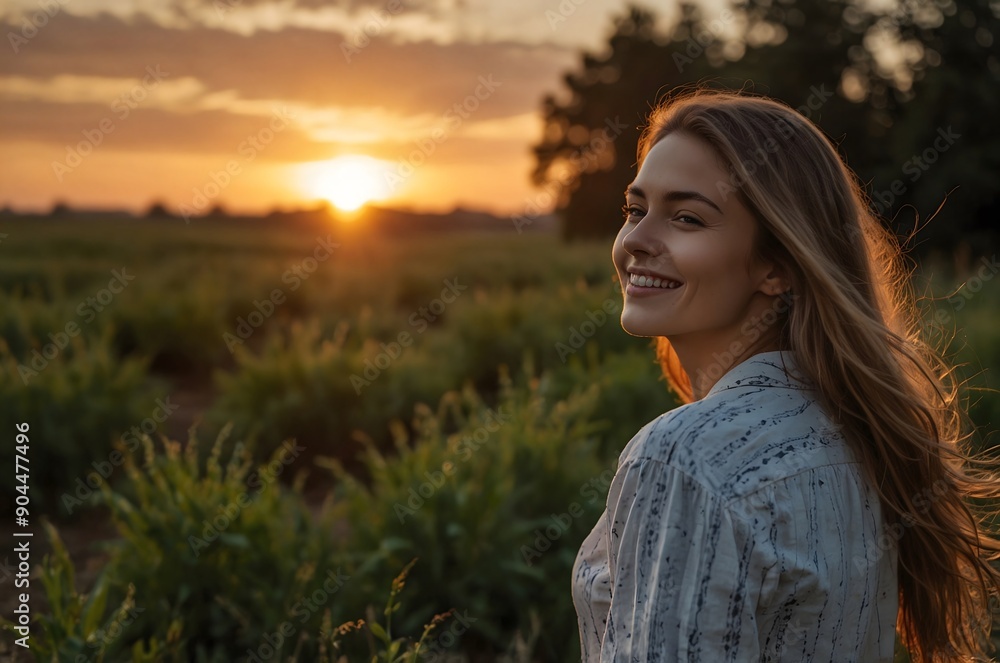 Portrait of a beautiful girl in summer on a field at sunset Portrait of a beautiful girl in summer on a field at sunset