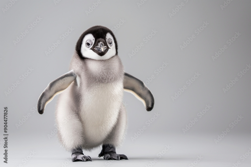 Obraz premium Full shot of baby chick emperor penguin aptenodytes forsteri in studio on gray background