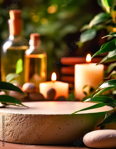 Natural Spa Product Mockup with Candles, Stones, and Greenery