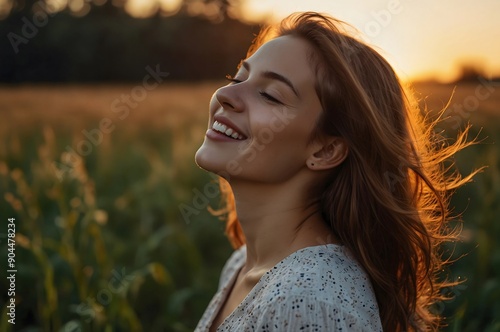 Portrait of a beautiful girl in summer on a field at sunset