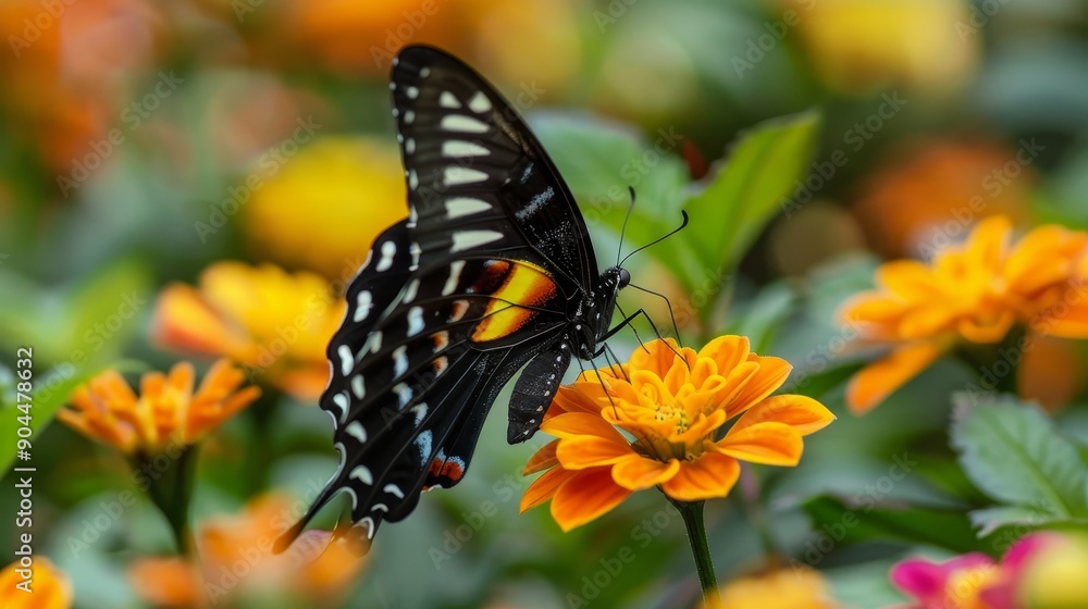 Butterfly feeding on vibrant orange flowers in a lush garden during spring Butterfly feeding on vibrant orange flowers in a lush garden during spring