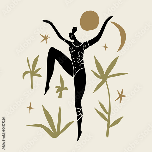 Divine feminine woman tropical ethnic yoga asana illustration. Boho magic jungle summer girl sport groovy vibe chill concept. Mystical new age wellness holistic flat art. Silhouette abstract cartoon
