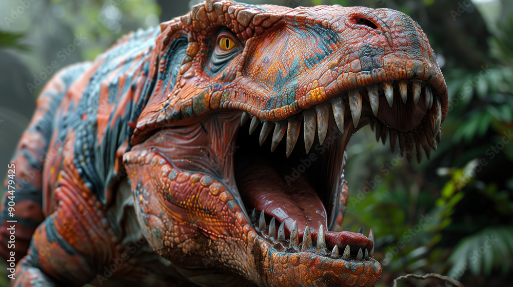 Close-up of a fierce, roaring dinosaur with vibrant patterns in a dense, tropical forest. Close-up of a fierce, roaring dinosaur with vibrant patterns in a dense, tropical forest.