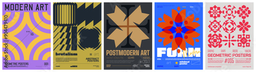 Set modern art colorful trendy poster, abstract geometric acid A4 composition graphic in Y2K aesthetics, vector simple shapes rave print artwork modernism and minimalistic brutalism style