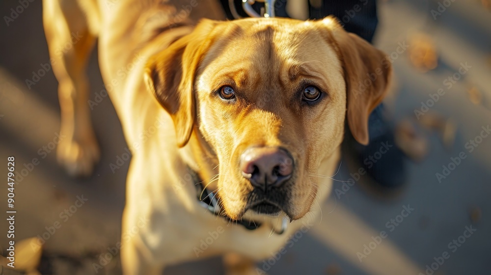 Labrador Retriever on a leash, close-up. Labrador Retriever on a leash, close-up.