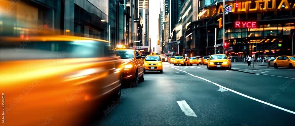 Yellow Cabs Speed Through Busy City Streets: Fast-Paced Urban Life, Transportation, and Dynamic Cityscape. City Rush & Urban Energy Yellow Cabs Speed Through Busy City Streets: Fast-Paced Urban Life, Transportation, and Dynamic Cityscape. City Rush & Urban Energy