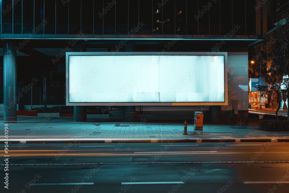 Big empty billboard glowing on modern building facade at night with blurred traffic Big empty billboard glowing on modern building facade at night with blurred traffic