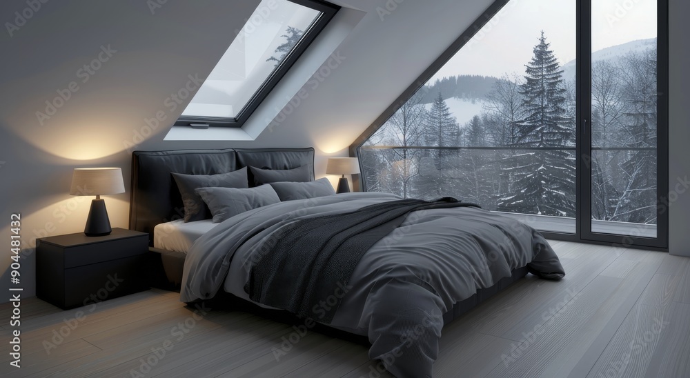 custom made wallpaper toronto digitalCozy Modern Bedroom With Mountain View and Snowy Landscape at Dusk