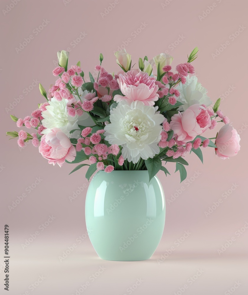 Obraz premium Floral Arrangement in Light Green Vase With Pink and White Flowers