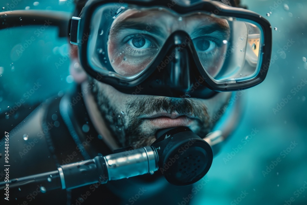 A detailed underwater image capturing a diver with a mask and gear, surrounded by crystal-clear ocean water, highlighting the thrill of underwater adventure and sport. A detailed underwater image capturing a diver with a mask and gear, surrounded by crystal-clear ocean water, highlighting the thrill of underwater adventure and sport.