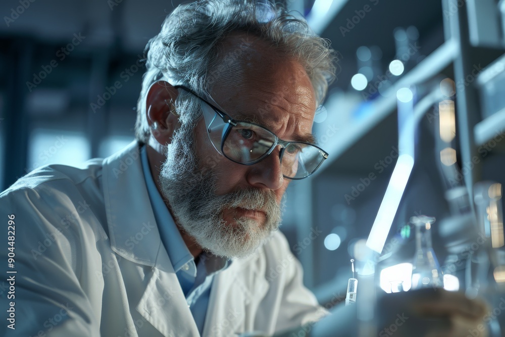 A scientist wearing a white lab coat is intently working on an experiment in a laboratory, surrounded by various scientific equipment and glassware. A scientist wearing a white lab coat is intently working on an experiment in a laboratory, surrounded by various scientific equipment and glassware.