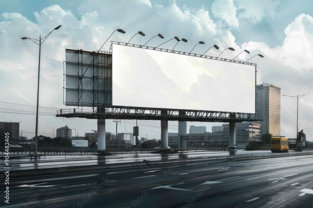 Large blank billboard is standing tall over a city highway with cars passing by on a cloudy day Large blank billboard is standing tall over a city highway with cars passing by on a cloudy day