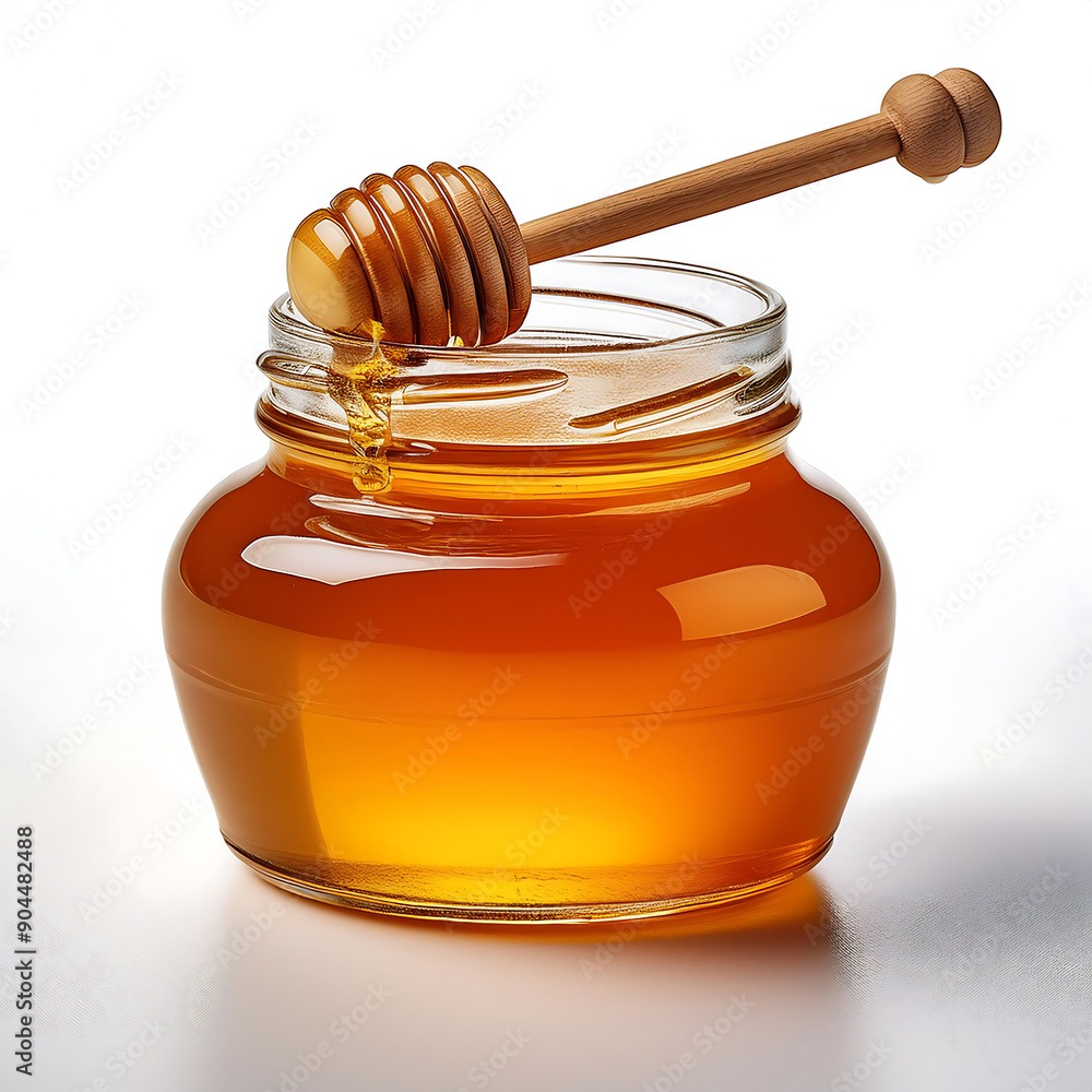 Honey jar with a honey dipper resting on top, solid white background Honey jar with a honey dipper resting on top, solid white background