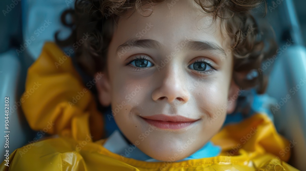 Close-up of a smiling child wearing a yellow raincoat, showcasing joyful expression and bright blue eyes. Close-up of a smiling child wearing a yellow raincoat, showcasing joyful expression and bright blue eyes.
