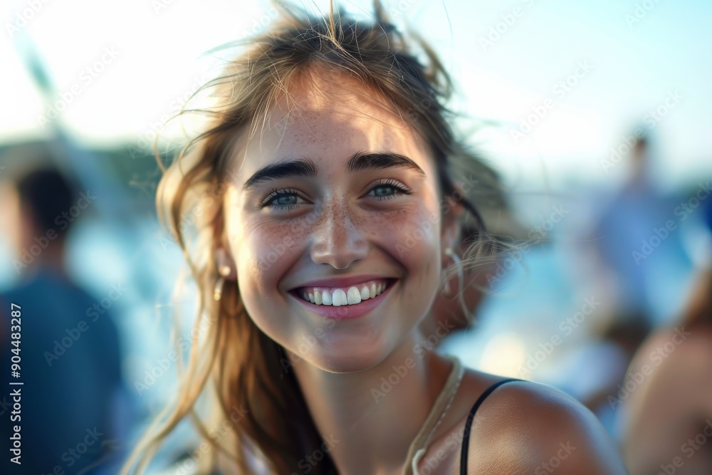 A smiling woman with prominent freckles enjoying a beach gathering, showcasing happiness and a carefree spirit against the backdrop of the ocean and social event. A smiling woman with prominent freckles enjoying a beach gathering, showcasing happiness and a carefree spirit against the backdrop of the ocean and social event.