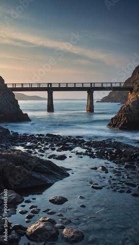 Early morning sea view with rocky shore and bridge across the water photo