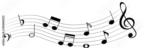 Black music notes on wavy stave,  isolated vector musical element.