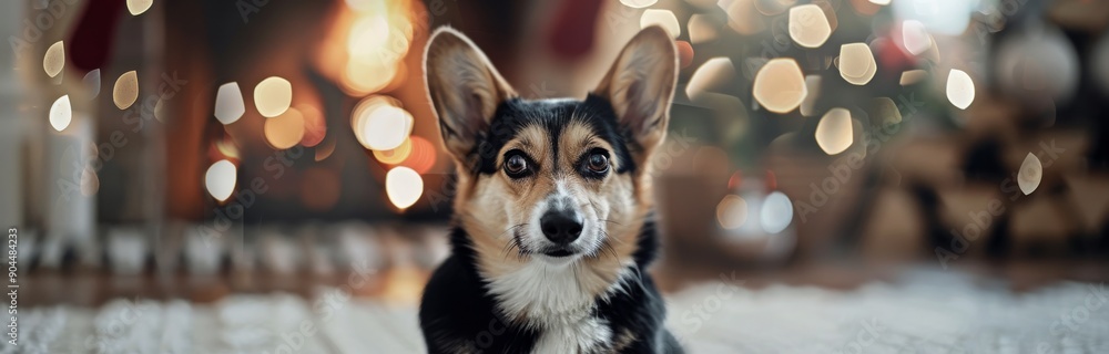 Happy Corgi Relaxing by the Fire in a Festively Decorated Living Room Happy Corgi Relaxing by the Fire in a Festively Decorated Living Room