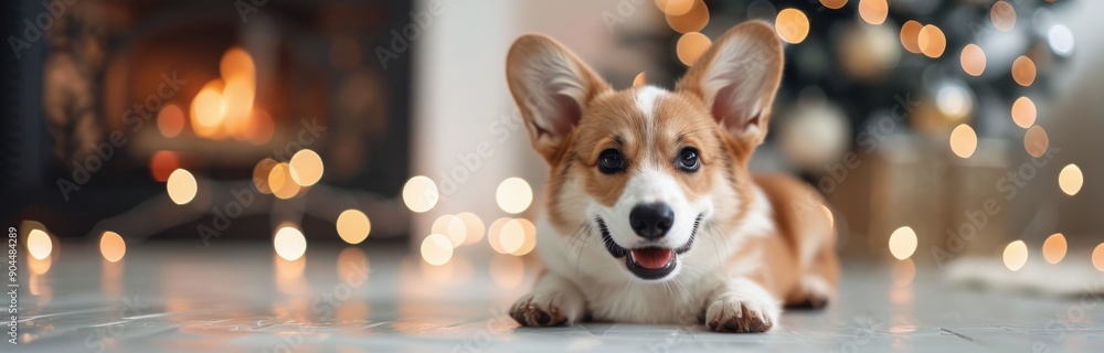 Happy Corgi Relaxing by the Fire in a Festively Decorated Living Room Happy Corgi Relaxing by the Fire in a Festively Decorated Living Room