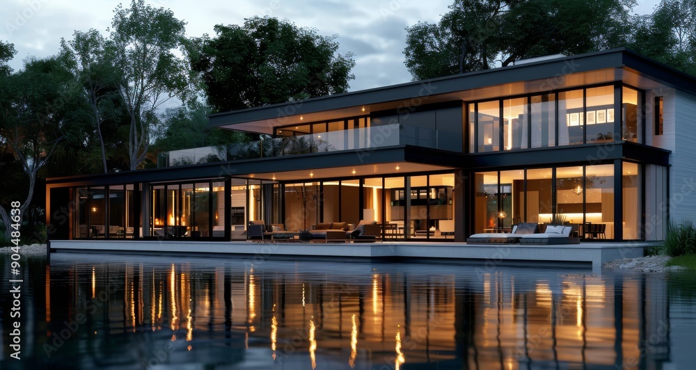 Modern Lakeside House at Dusk With Illuminated Windows and Reflected Light Modern Lakeside House at Dusk With Illuminated Windows and Reflected Light