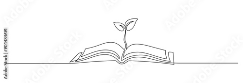 Opened book with sprout plant in one continuous line drawing . Education study and knowledge concept in simple linear style. Growing wisdom in editable stroke. Doodle contour vector illustration