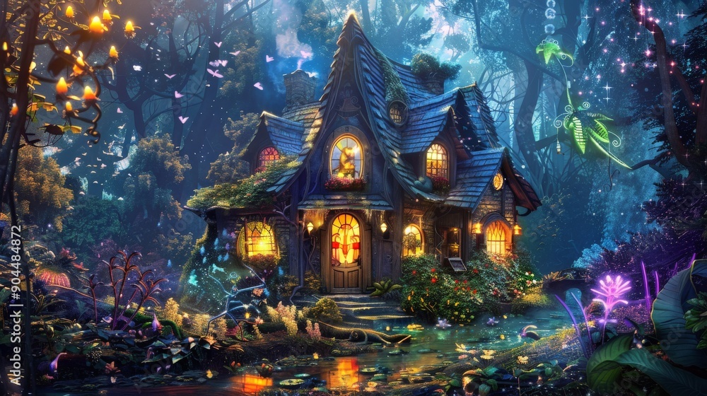 Obraz premium An inviting and charming woodland home exuding a warm glow from its light-filled windows, nestled in an ethereal, magical landscape at twilight.