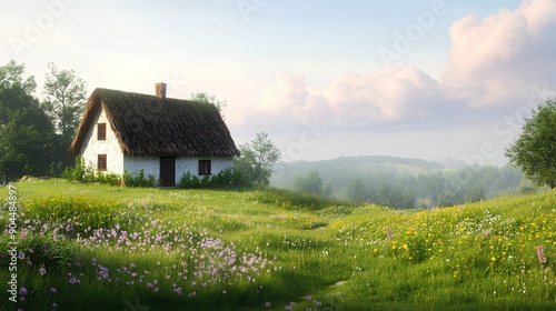 A white thatched cottage in the distance on top of a lush green grassy hill, surrounded by trees and wildflowers on a sunny day with a blue sky with fluffy clouds