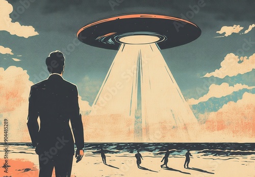 mid-century american comic art flying saucer businessman on beach bold lines flat colors