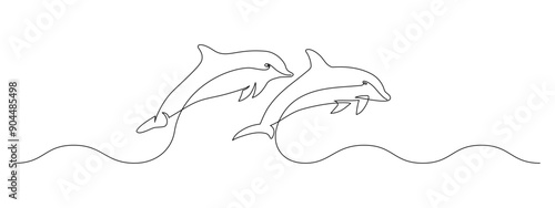 One continuous line drawing of couple of dolphin. Sea animal in wildlife in simple linear style. Summer concept in Editable stroke. Doodle outline vector illustration