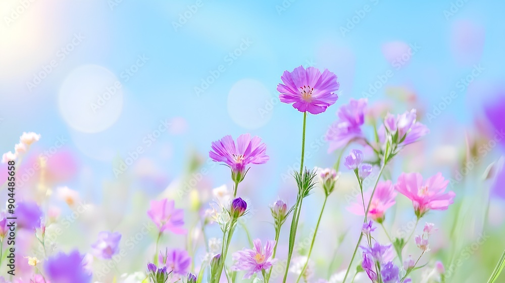 Beautiful spring meadow with purple flowers and blue sky background, banner design. copy space for text, blurred, pastel colors, sun rays. Spring flower field background Beautiful spring meadow with purple flowers and blue sky background, banner design. copy space for text, blurred, pastel colors, sun rays. Spring flower field background